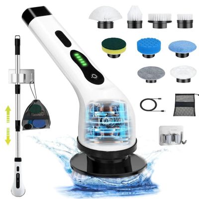 Electric Spin Scrubber,IPX7 Waterproof Cordless Power Cleaning Brush,Shower Cleaning Brush,2-Speed with 9 Replaceable Brush Heads, with Adjustable Extension Handle for Bathroom,Kitchen,Glass,Car