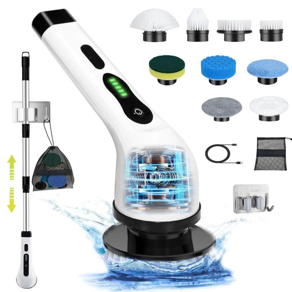 Electric Spin Scrubber,IPX7 Waterproof Cordless Power Cleaning Brush,Shower Cleaning Brush,2-Speed with 9 Replaceable Brush Heads, with Adjustable Extension Handle for Bathroom,Kitchen,Glass,Car
