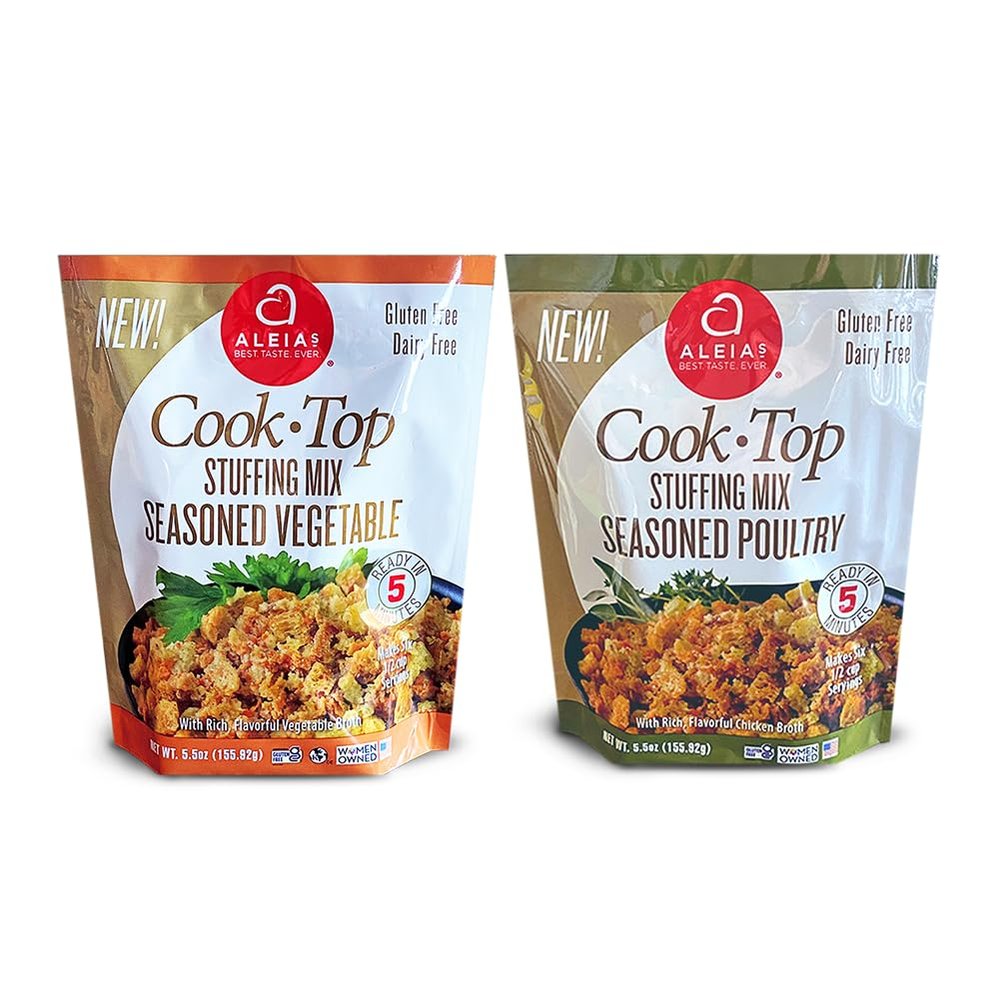 Aleias Gluten Free Cook Top Stuffing Mix Assorted 2 Pack Includes Seasoned Poultry (5.5oz) & Seasoned Vegetable (5.5oz) Ready in 5 Minutes Certified Gluten Free, Dairy Free