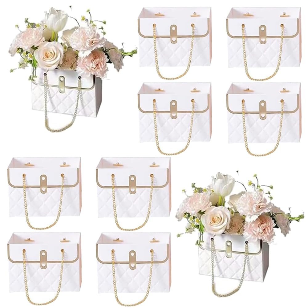 8PCS Flower Paper Gift Bag, Bouquet Storage Bucket Florist Handbag with Metal Chain, Gift Craft Wrap Bag for Wedding Party Valentine's Day Birthday Mother's Day Bridal Shower Gift Wrap Bags (White)