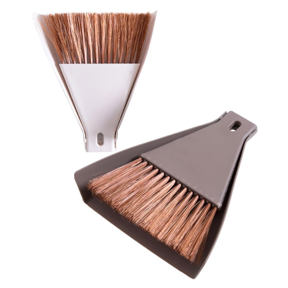 IWOWHERO 2sets Mini Broom and Dustpan Set Portable Cleaning Kit for Desktop Home and Pet Cages Compact Brush and Dustpan Coffee Beige