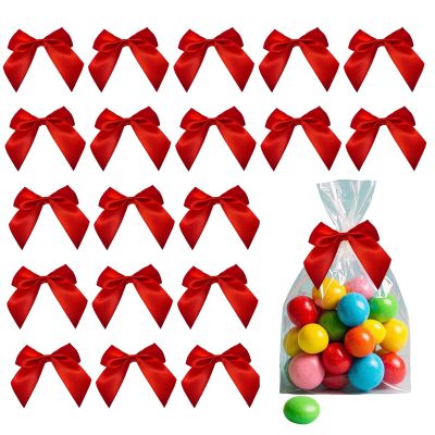 ULIFEBETTER 50PCS Red Bows, Satin Ribbon red Bow Twist Ties Bows with Double-Sided Tape for Treat Bags Red Bows for Crafts Gift Wrapping for Baby Shower Wedding Decorations(2.7x2.5 Inch)