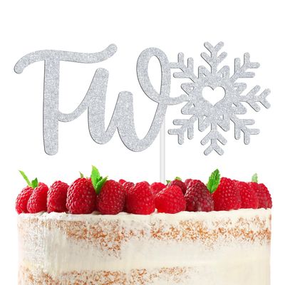 Snowflake Two Cake Topper, Winter 2nd Birthday Cake Decor, Joy to the World, Frozen Winter Wonderland Christmas 2nd Birthday Party Decoration Supplies, Silver Glitter