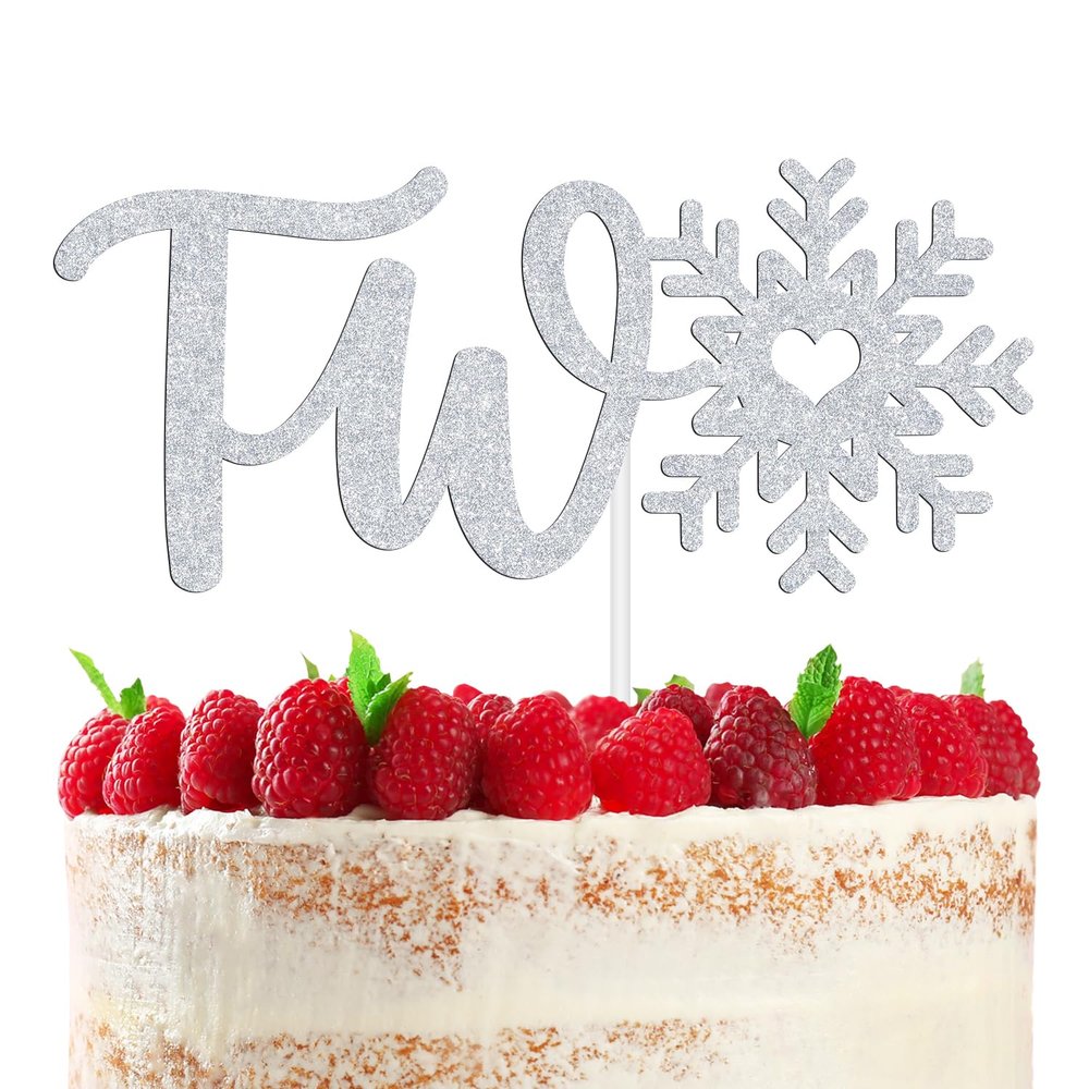 Snowflake Two Cake Topper, Winter 2nd Birthday Cake Decor, Joy to the World, Frozen Winter Wonderland Christmas 2nd Birthday Party Decoration Supplies, Silver Glitter