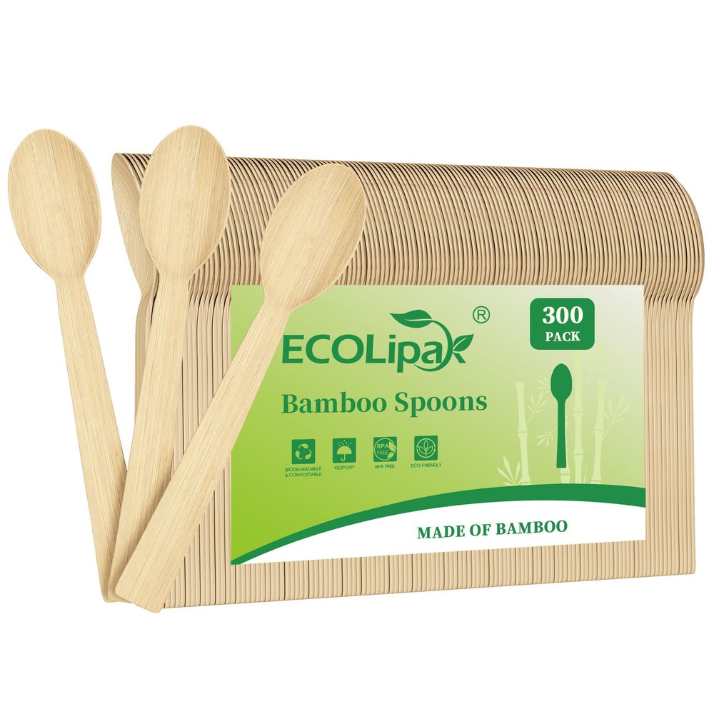 ECOLipak 300 Count Disposable Compostable Bamboo Spoons for Party, Dinner