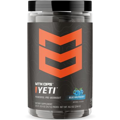 MTN OPS Yeti On The Go Pre Workout Energy Powder for Travel, Single Serve Trail Packs with Creatine, 200mg Caffeine and Amino Acids for Muscle Pumps, Endurance and Focus, 20 Count, Blue Raspberry
