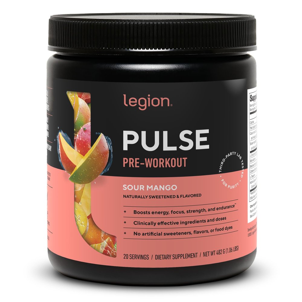 LEGION Pulse Pre Workout Supplement - All Natural Nitric Oxide Preworkout Drink to Boost Energy, Creatine Free, Naturally Sweetened, Beta Alanine, Citrulline, Alpha GPC (Sour Mango)