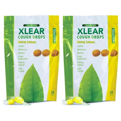 Xlear Xylitol Sugar-Free Cough Drops for Adults and Kids, Sugarless Dry Mouth Lozenges for Sore Throat Relief, Non-GMO, Gluten-Free, Natural Honey Lemon, 30 Count (Pack of 2)