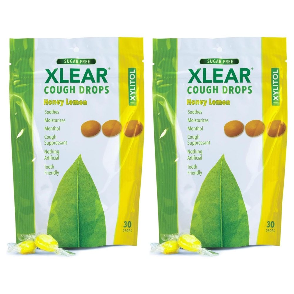 Xlear Xylitol Sugar-Free Cough Drops for Adults and Kids, Sugarless Dry Mouth Lozenges for Sore Throat Relief, Non-GMO, Gluten-Free, Natural Honey Lemon, 30 Count (Pack of 2)