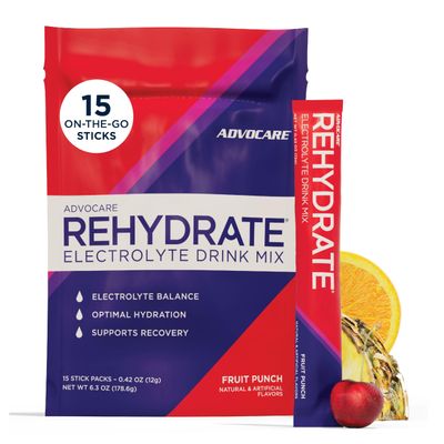 AdvoCare Rehydrate - Electrolyte Drink Mix - Includes Magnesium, Sodium, Potassium & Calcium - Antioxidant & Amino Acid Fortified - Hydration & Recovery - Fruit Punch, 15 Stick Packs (6.3 oz)
