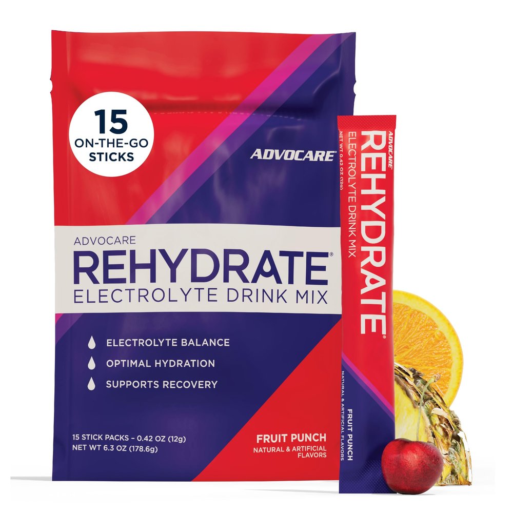 AdvoCare Rehydrate - Electrolyte Drink Mix - Includes Magnesium, Sodium, Potassium & Calcium - Antioxidant & Amino Acid Fortified - Hydration & Recovery - Fruit Punch, 15 Stick Packs (6.3 oz)