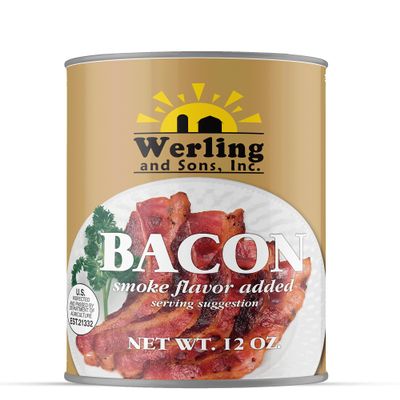 Werling Fully Cooked Canned Bacon 12 oz Ready to Eat Smoked Bacon, Shelf Stable up to 5 Years, Long-Term Food Storage, Emergency Survival Food, Camping & Hiking Meals, Pantry Staple, No Refrigeration Required, Canned Meat, Pack of 1