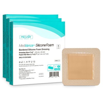 MedVance Bordered Adhesive Silicone Foam Dressing Pack of 15 - Waterproof Silicone Pad - Easy Apply & Remove Sterile Bandages - Wound Care & Dressings for Burns & More (4"x4" Bandage, 2.7"x2.7" Pad)