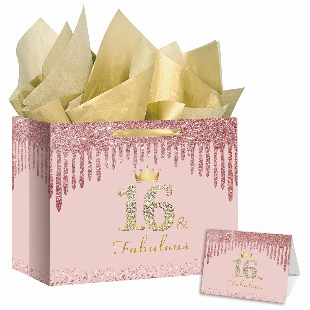 RDKOEAKEL Rose Gold Sweet 16 Fabulous Birthday Gift Bag for Girls Large Pink Gift Bag with Wrapping Paper and Card Perfect for Sweet 16 Party, 16th Birthday Decorations, and Party Supplies for Girls