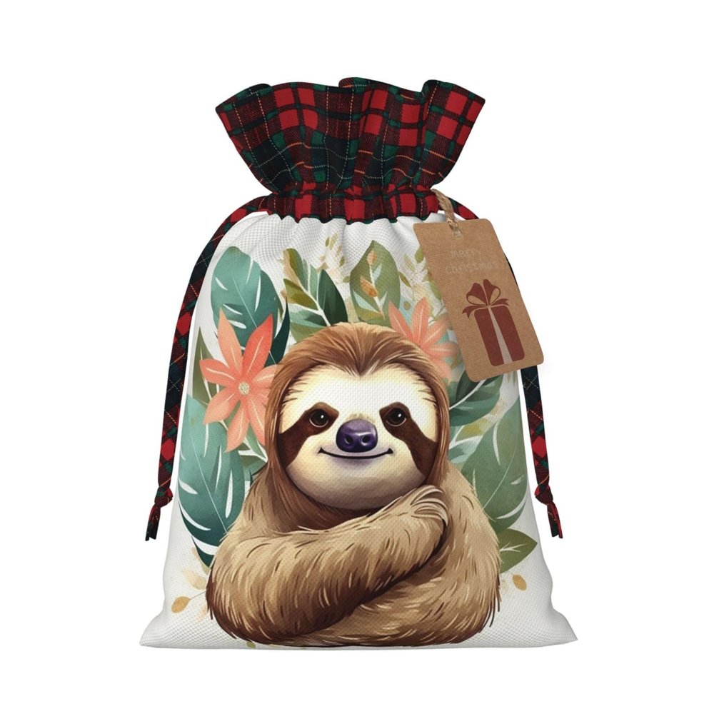 Christmas Gift Bag with Drawstring Christmas Wrapping Bags Cute sloth Leaves Drawstring Gift Bag for Xmas Burlap Gift Bags Halloween Candy Bags Reusable Xmas Present Bags for Party Decorations Small