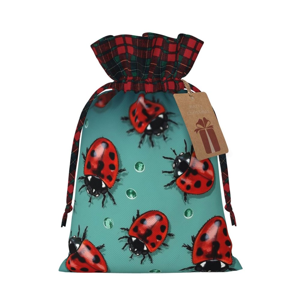 Christmas Gift Bag with Drawstring Christmas Wrapping Bags Red Ladybugs On A Blue Background Drawstring Gift Bag for Xmas Burlap Gift Bags Halloween Candy Bags Reusable Xmas Present Bags for Party Decorations Medium