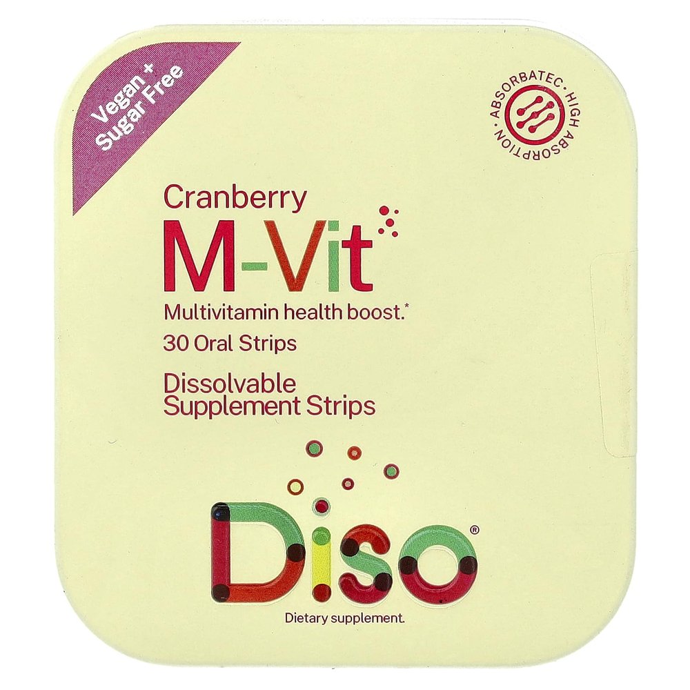 DISO M-VIT Fast-Dissolving Multivitamin Oral Strips, Cranberry Flavor, Vegan, Sugar Free, Gluten Free, Individually Wrapped, Maximum Absorption, 30 Dissolvable Strips