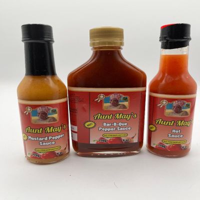 Aunt May's Pepper Sauce, Mustard Pepper Sauce, Bar-B-Que Pepper Sauce, Hot Sauce, 6 oz