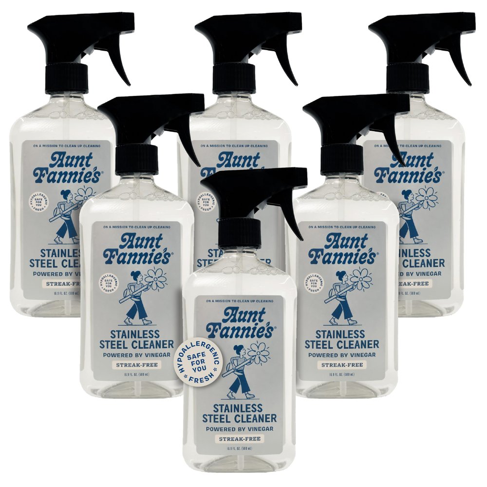 Aunt Fannie's Stainless Steel Spray Cleaner, Powered by Vinegar, Fingerprint and Residue Remover for Refrigerator, Dishwasher, Oven, Grill, Sink, Stovetop, and Other Appliances, Pack of 6
