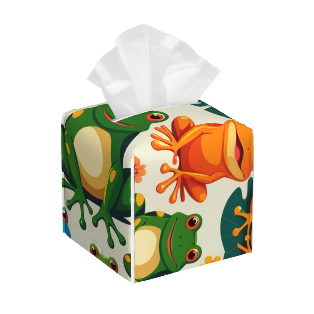 Elegant Square Leather Tissue Box Cover - Stylish & Waterproof Funny Frogs Printed Tissue Box for Table Decor