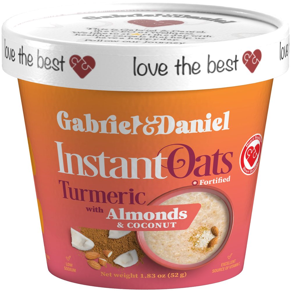 Gabriel & Daniel Instant Oatmeal with Turmeric, Almonds & Coconut  Non-GMO, Pure and Organic Gluten Free Oats  High Fiber & Protein for a Nourishing & Quick Breakfast (Single Cup)