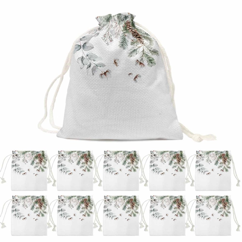 Victoroes Winter Drawstring Gift Bags 10 Pieces, 5" x 7" Small Christmas Eucalyptus Leaf Pine Needle Gift Bag Reusable Fabric Wrap Bags for Wedding Party Birthday Christmas Seasonal Holiday