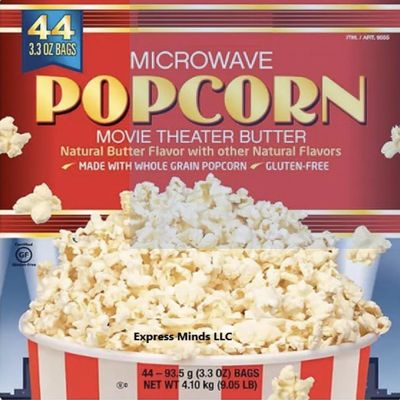 Express Minds LLC Microwave Popcorn, 3.3 oz, 44-count, Gluten free, Kosher, Whole Grain Popcorn, Movie theater butter