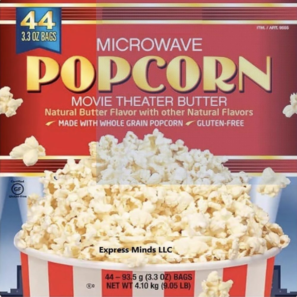 Express Minds LLC Microwave Popcorn, 3.3 oz, 44-count, Gluten free, Kosher, Whole Grain Popcorn, Movie theater butter