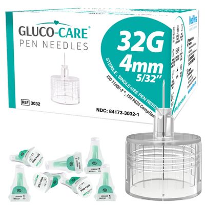 GLUCO-CARE Pen Tips 32G x 4mm, Universal Fit, 100/bx, Ultra Thin Wall for Optimal Flow, Easy Twist-On and Twist-Off
