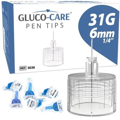 GLUCO-CARE Pen Tips 31G x 6mm (1/4), Universal Twist-On Connection, Thin Tip Design, 100/bx, Comfort