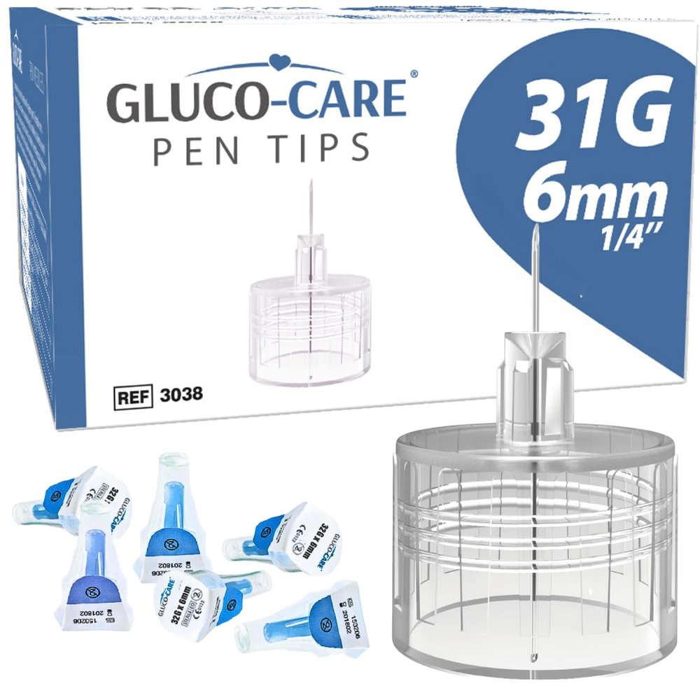GLUCO-CARE Pen Tips 31G x 6mm (1/4), Universal Twist-On Connection, Thin Tip Design, 100/bx, Comfort