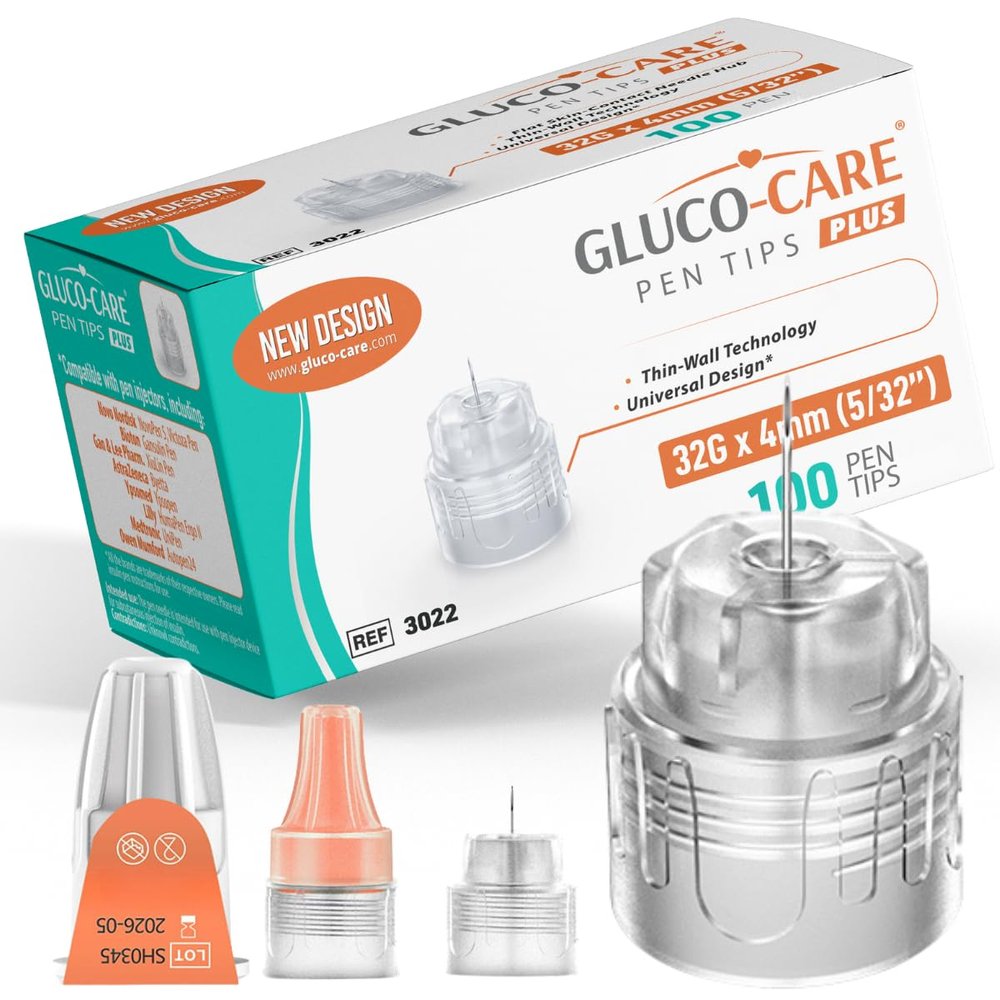 GLUCO-CARE Pen Tips 32G x 4mm, Universal Fit, 100/bx, Flat Housing Base Design