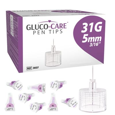 GLUCO-CARE Pen Tips 31G x 5mm, Universal Fit and Twist-On Design, Thin Wall, Compatible with Most Pen Devices, 100 Pieces per Box