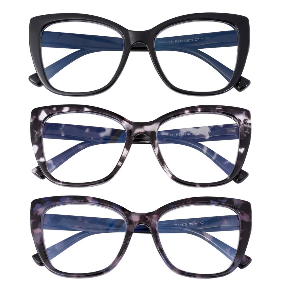 OKH 3 Packs Computer Reading Glasses for Women readers 2.00 Men Blue Light Blocking Readers Spring Hinge Eyewear (Black, Black and white, Purple tortoiseshell)
