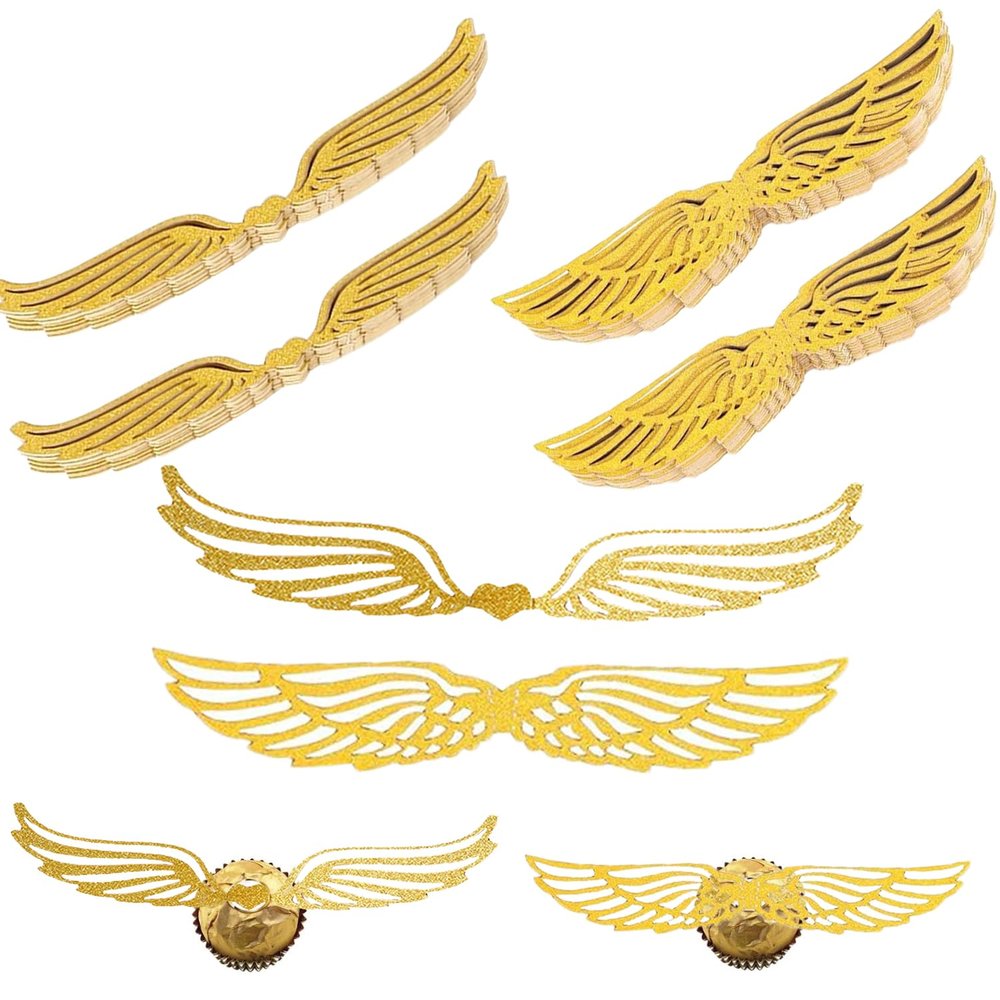 100 Pcs Wizard Party Decoration Golden Wings Chocolate Decor with 100 Glue Point Gold Glitter Wings Wizard Chocolate Decoration Wafer Cupcake Toppers for Themed Party Birthday Cake Wedding (2 styles)
