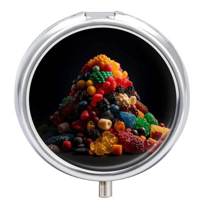 Pile of Colorful Candies Pill Box Cute Round Pill Case Portable Medicine Tablet Vitamin Holder Organizer for Purse Pocket