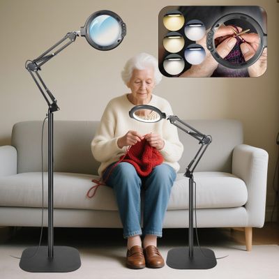 12X Large Floor Magnifying Glass with Light and Stand, 3-in-1 Swing Arm Floor Lamp Magnifier with 5 Color Modes 10 Dimmable Brightness, Hands Free Lighted Magnifying Glass with Clamp for Close Work
