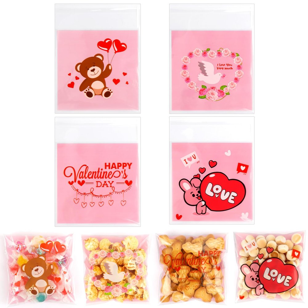 Valentines Treat Bags, 100 PCS Valentiens Cellophane Treat Bags, Valetines Candy Bags, Self Adhesive Plastic Valetine Gift Bags Cookie Bags Goodie Bags for Valentine's Day Holiday Party Favor Supplies
