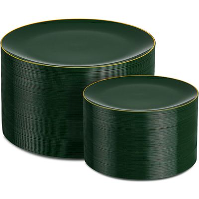 PULOTE 200PCS Green Plastic Plates - Heavy Duty Green Disposable Include 100 Each (10 inch Dinner & 7 inch Dessert) Plates for Christmas Party
