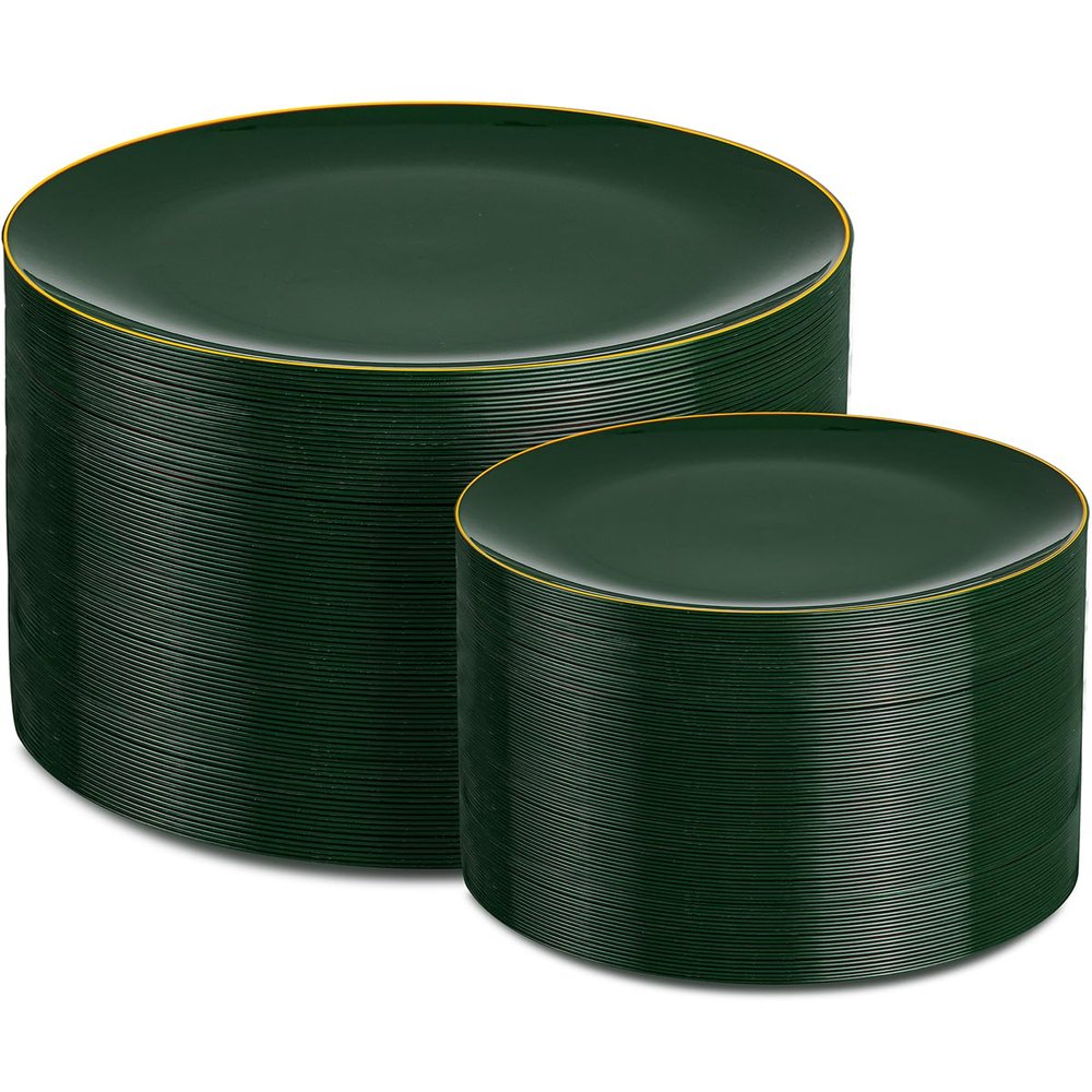 PULOTE 200PCS Green Plastic Plates - Heavy Duty Green Disposable Include 100 Each (10 inch Dinner & 7 inch Dessert) Plates for Christmas Party
