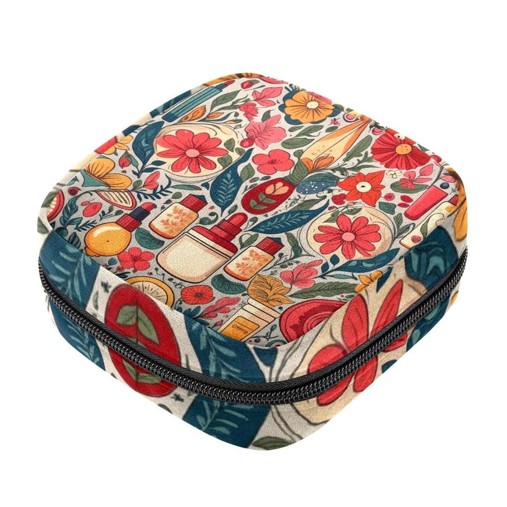 Sanitary Napkin Storage Bags, Flowers Cosmetic Pattern Menstrual Pad Bag Oxford Cloth Menstrual Cup Pouches Nursing Pad Tampon Period Bags with Zipper for Teen Girls Women Ladies