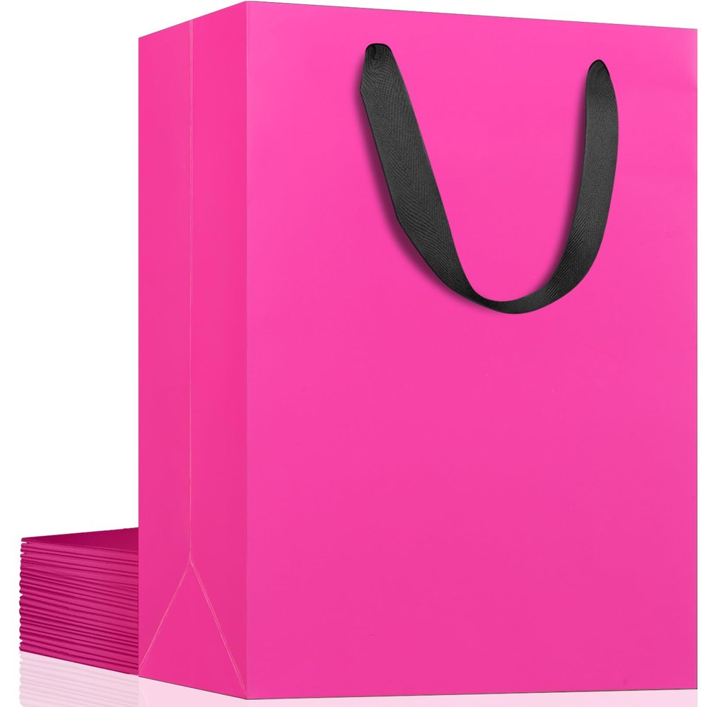 EUSOAR Paper Gift Bags with Handles, 12pcs 7.8"x3.9"x11" Hot Pink Gift Wrap Bags Bulk,Merchandise Grocery Craft Retail Shopping Wedding Birthday Holiday Party Favor Thank You Paper Bags