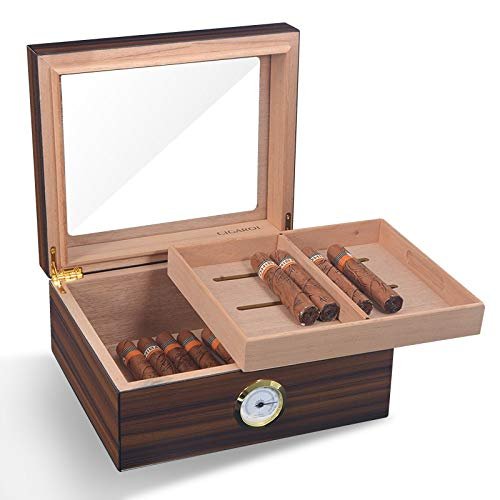 BCCCLLLSA Humidor Cigar Box Humidor Cigar Display Box Glass Window Handcrafted Handcrafted Cedar Humidor with Front Digital Hygrometer Spanish Cedar Lined Cigar Box Cigar Gifts for Men