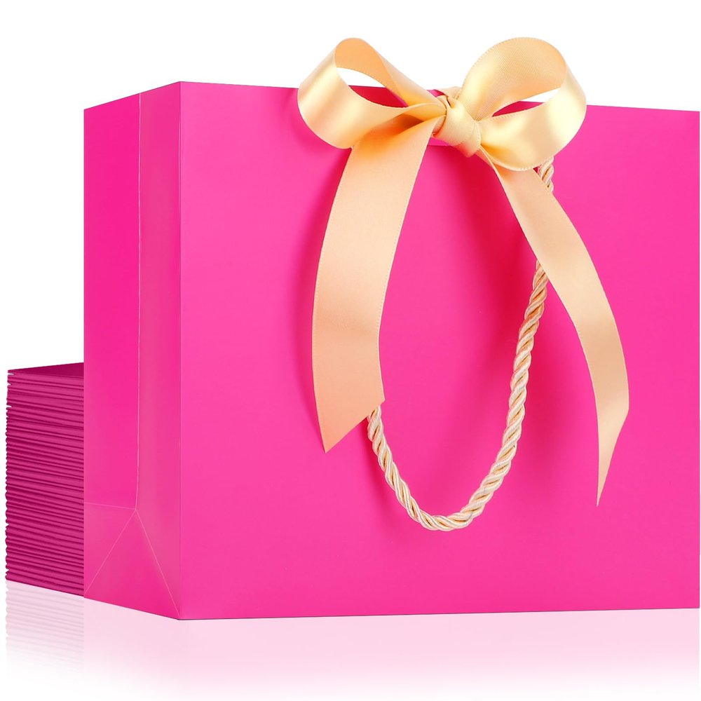 EUSOAR Paper Bags, 20pcs 10.6"x3.1"x8.3" Hot Pink Heavy Duty Gift Bags with Bow Ribbon Handle, Shopping Thank You Gift Treat Party Favor Paper Bags Bulk for for Shopping Wedding Birthday Party Favor