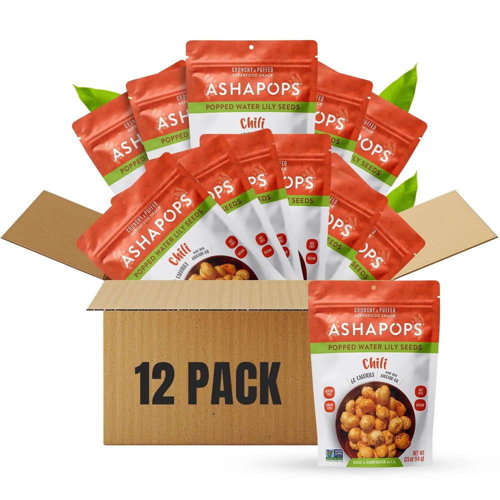 AshaPops Chili Flavored Popped Water Lily Seeds, 0.5 oz (Pack of 12) - Gluten-Free, Vegan, Paleo, Nut-Free, Corn-Free, Soy-Free, Non-GMO, Delicious Plant-Based Crunchy Snack