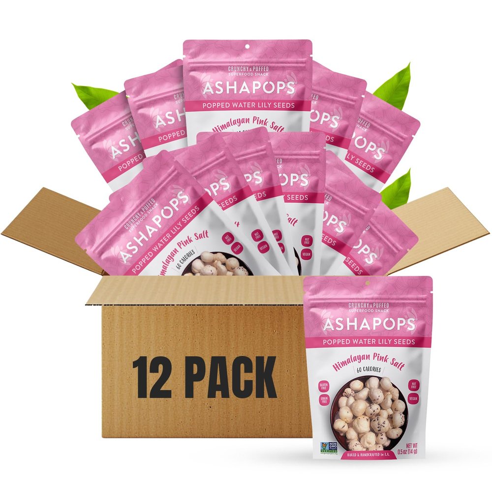AshaPops Himalayan Pink Salt Flavored Popped Water Lily Seeds, 0.5 oz (Pack of 12) - Gluten-Free, Vegan, Paleo, Nut-Free, Corn-Free, Soy-Free, Non-GMO, Delicious Plant-Based Crunchy Snack