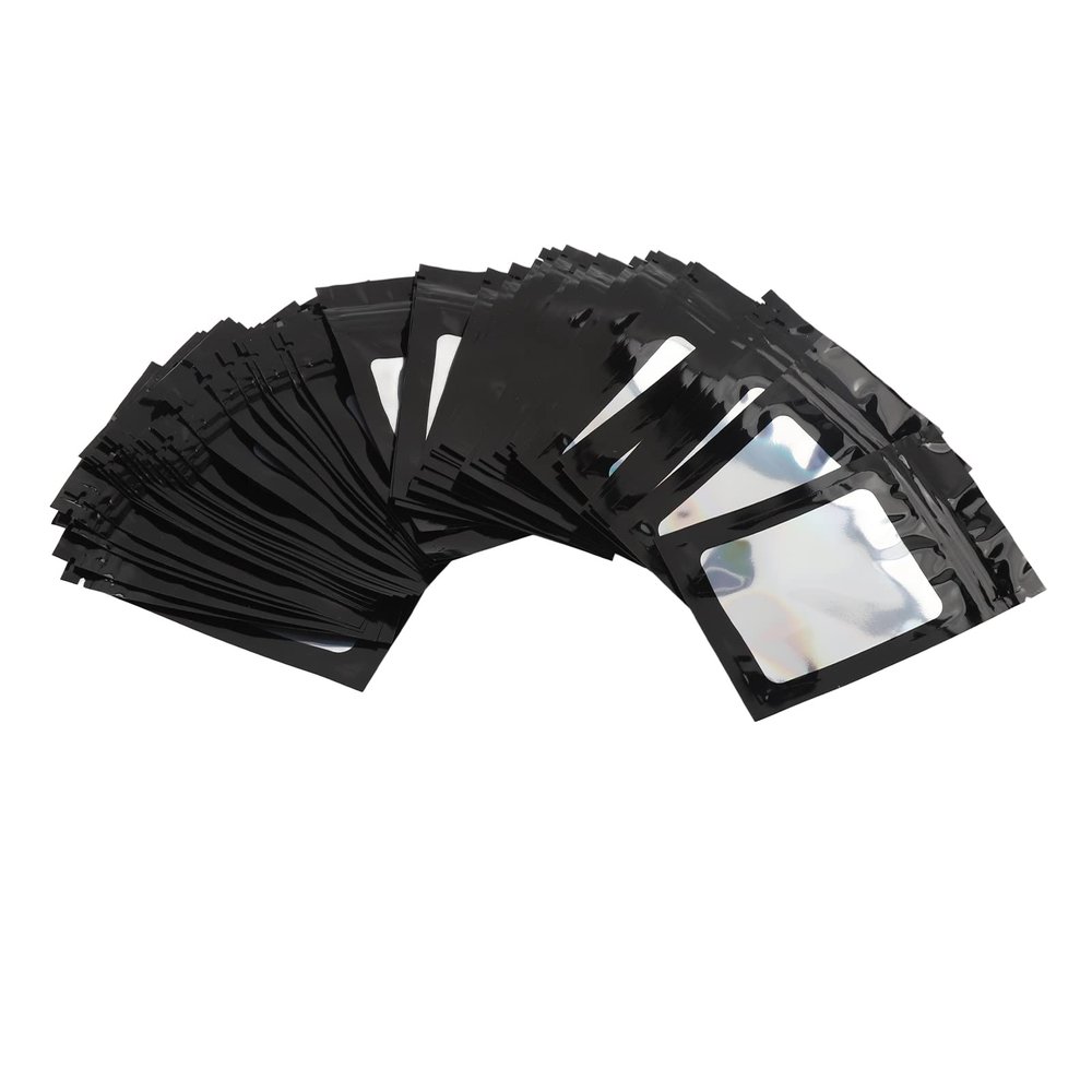 Holographic Packaging Bag, Resealable Smell Proof Pouch, with Clear Window, for Lip Gloss, Cosmetics, Jewelry, 100pcs (Black)