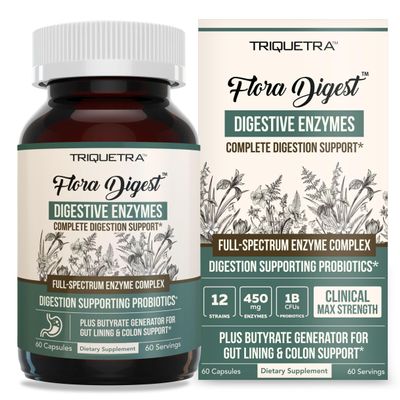 Flora Digest - 3-in-1 Max Strength Digestive Enzymes + Gut Surviving Probiotics & ButyraGen Postbiotic for Optimal Digestion, Bloating Relief, Regularity, Gut Lining & Colon Support - (60 Capsules)