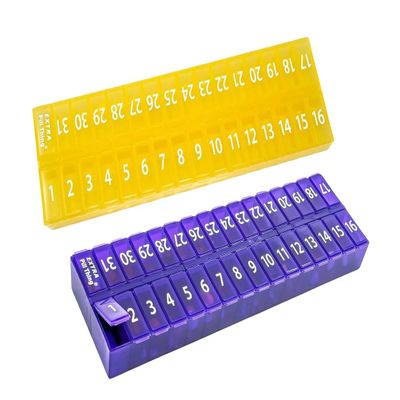 AM PM 31 Day Once-a Day Monthly Pill Planner Organizers - Large Compartment Pill Boxes Store Medications for Entire Month Plus Compartment for Extra Pills (AM/PM) (Am/Pm Yellow & Purple)