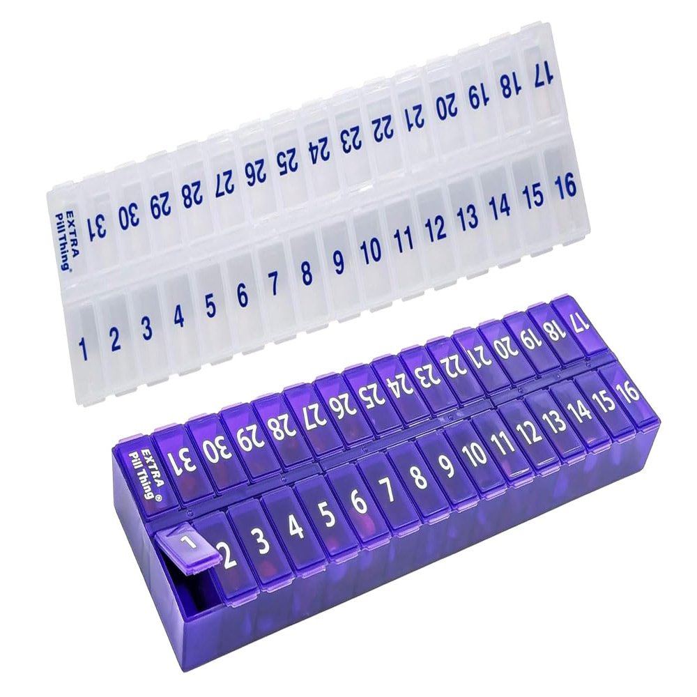 AM/PM 31 Day Once-a Day Monthly Pill Planner Organizers - Large Compartment Pill Boxes Store Medications for Entire Month Plus Compartment for Extra Pills (AM/PM Clear & Purple)